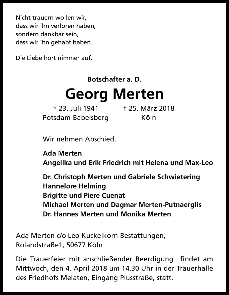  Traueranzeige für Georg Merten vom 31.03.2018 aus Kölner Stadt-Anzeiger / Kölnische Rundschau / Express