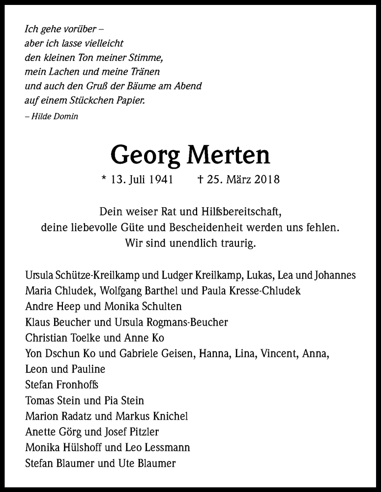  Traueranzeige für Georg Merten vom 31.03.2018 aus Kölner Stadt-Anzeiger / Kölnische Rundschau / Express