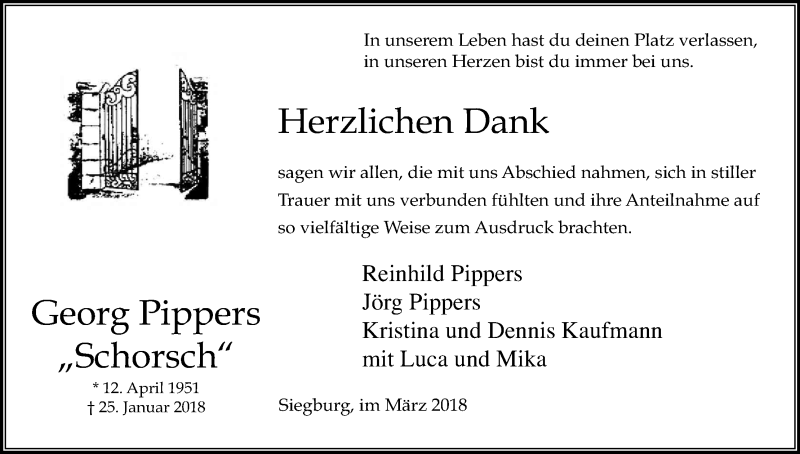  Traueranzeige für Georg  Pippers vom 21.03.2018 aus Kölner Stadt-Anzeiger / Kölnische Rundschau / Express
