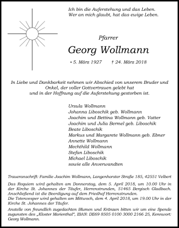 Anzeige von Georg Wollmann von Kölner Stadt-Anzeiger / Kölnische Rundschau / Express
