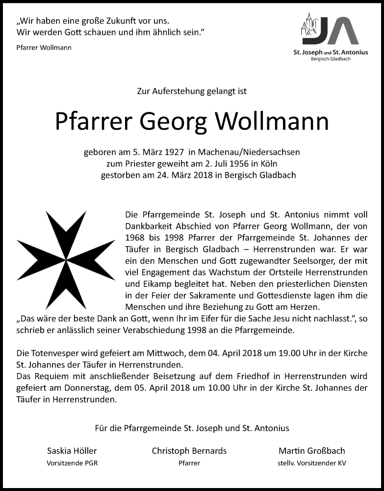  Traueranzeige für Georg Wollmann vom 31.03.2018 aus Kölner Stadt-Anzeiger / Kölnische Rundschau / Express