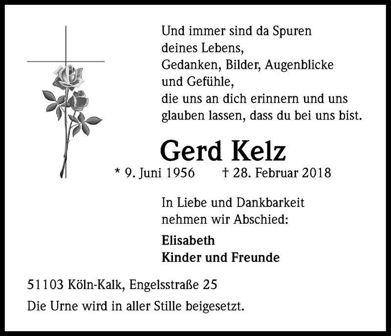  Traueranzeige für Gerd Kelz vom 03.03.2018 aus Kölner Stadt-Anzeiger / Kölnische Rundschau / Express