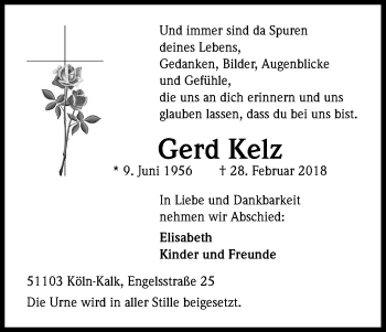 Anzeige von Gerd Kelz von Kölner Stadt-Anzeiger / Kölnische Rundschau / Express