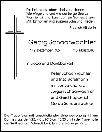 Anzeige von Gerd Schaarwächter von Kölner Stadt-Anzeiger / Kölnische Rundschau / Express