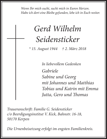 Anzeige von Gerd Wilhelm Seidensticker von  Sonntags-Post 