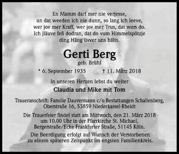 Anzeige von Gerda Berg von Kölner Stadt-Anzeiger / Kölnische Rundschau / Express