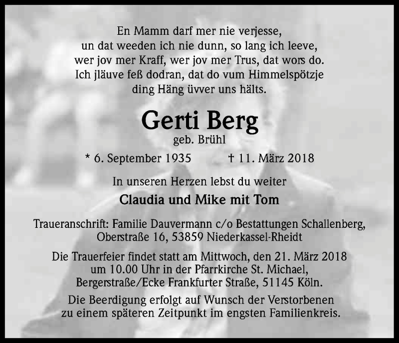  Traueranzeige für Gerda Berg vom 16.03.2018 aus Kölner Stadt-Anzeiger / Kölnische Rundschau / Express