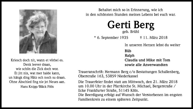  Traueranzeige für Gerda Berg vom 16.03.2018 aus Kölner Stadt-Anzeiger / Kölnische Rundschau / Express