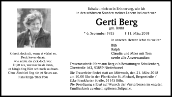 Anzeige von Gerda Berg von Kölner Stadt-Anzeiger / Kölnische Rundschau / Express