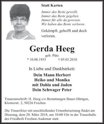 Anzeige von Gerda Heeg von  Wochenende 