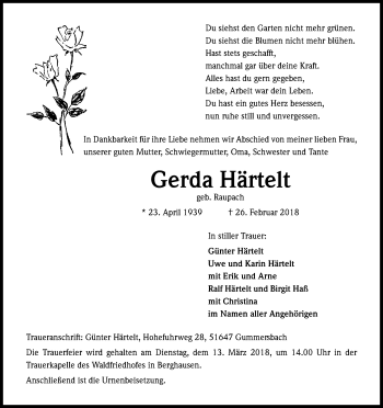 Anzeige von Gerda Härtelt von Kölner Stadt-Anzeiger / Kölnische Rundschau / Express