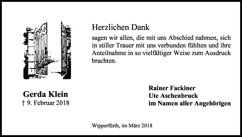  Traueranzeige für Gerda Klein vom 29.03.2018 aus Kölner Stadt-Anzeiger / Kölnische Rundschau / Express