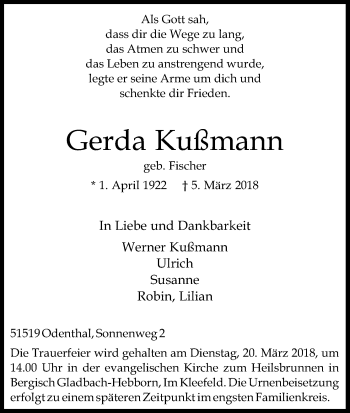 Anzeige von Gerda Kußmann von Kölner Stadt-Anzeiger / Kölnische Rundschau / Express