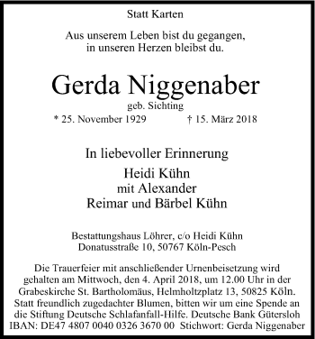 Anzeige von Gerda Niggenaber von Kölner Stadt-Anzeiger / Kölnische Rundschau / Express