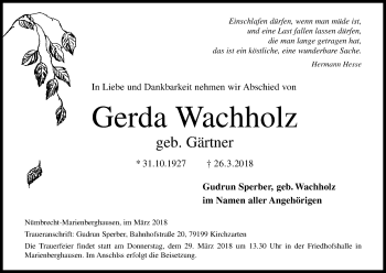 Anzeige von Gerda Wachholz von Kölner Stadt-Anzeiger / Kölnische Rundschau / Express