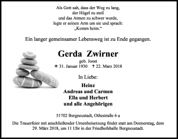 Anzeige von Gerda Zwirner von Kölner Stadt-Anzeiger / Kölnische Rundschau / Express