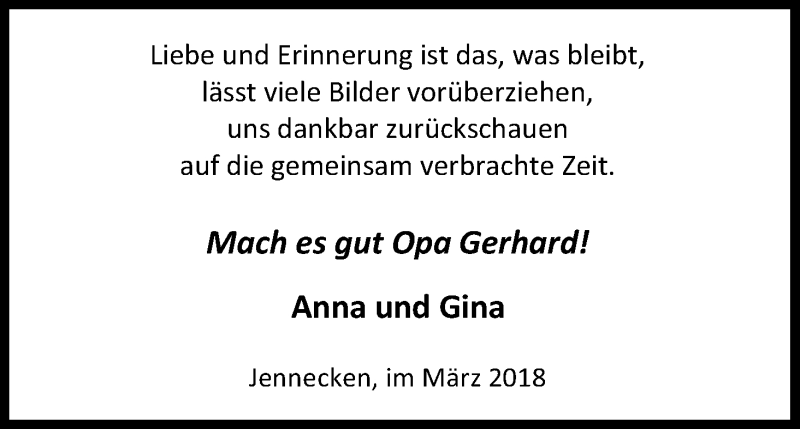  Traueranzeige für Gerhard  vom 21.03.2018 aus Kölner Stadt-Anzeiger / Kölnische Rundschau / Express