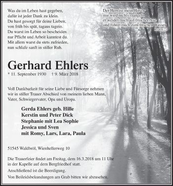 Anzeige von Gerhard Ehlers von  Lokalanzeiger 