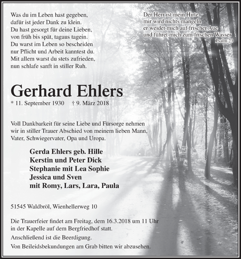  Traueranzeige für Gerhard Ehlers vom 14.03.2018 aus  Lokalanzeiger 