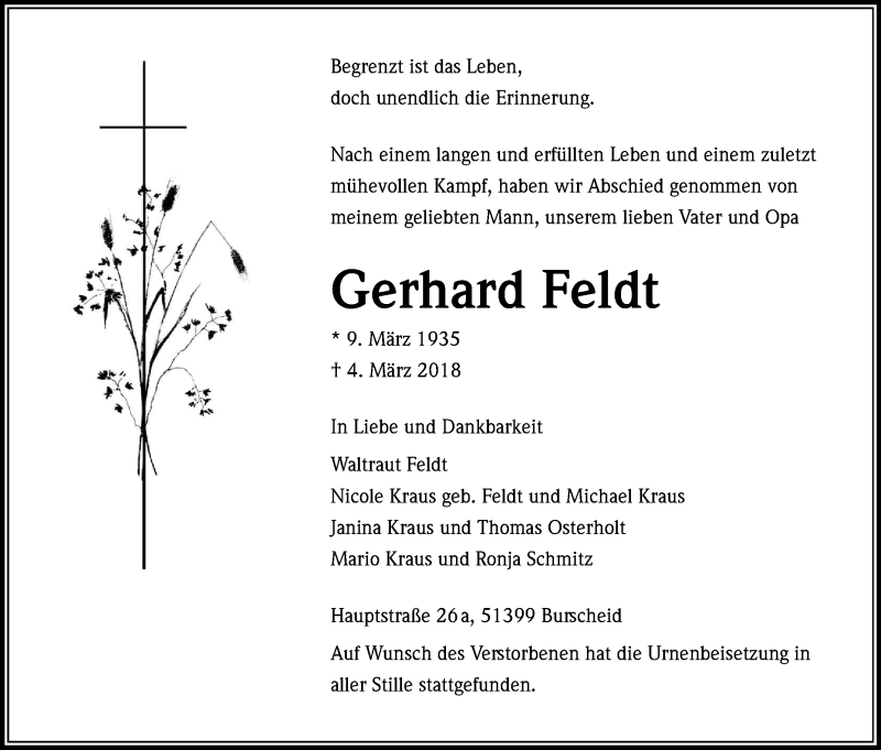  Traueranzeige für Gerhard Feldt vom 21.03.2018 aus Kölner Stadt-Anzeiger / Kölnische Rundschau / Express