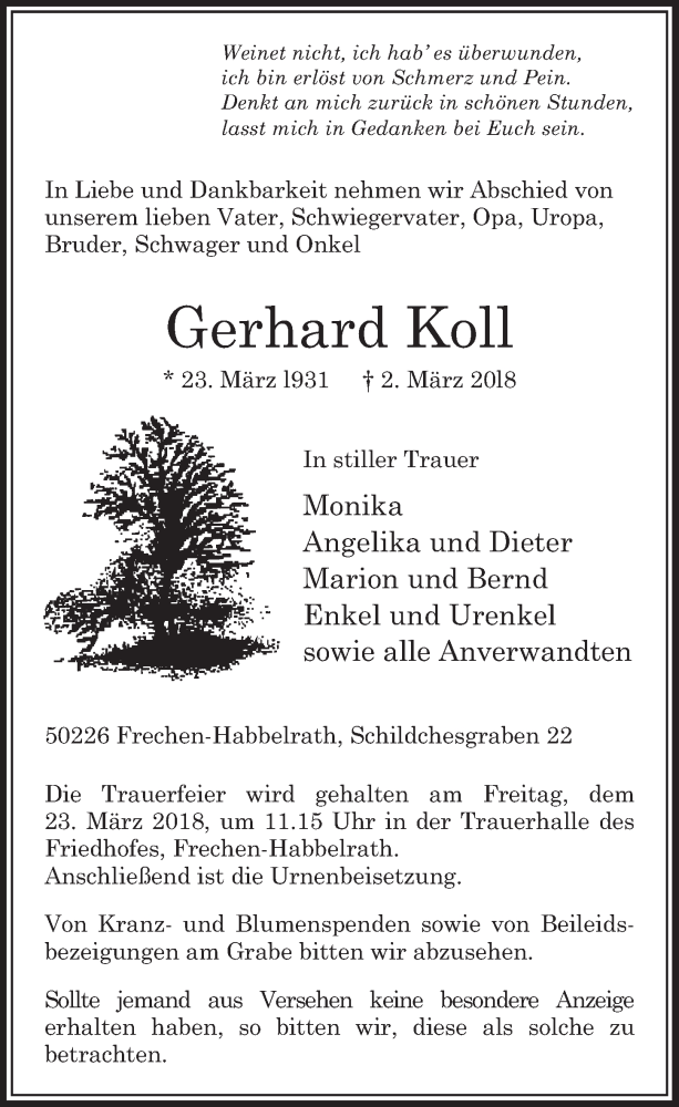  Traueranzeige für Gerhard Koll vom 17.03.2018 aus  Sonntags-Post 