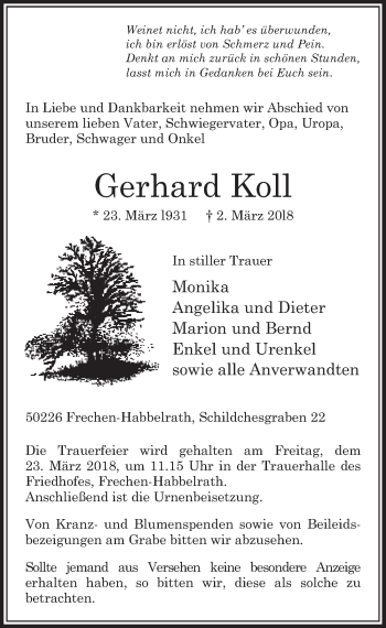 Anzeige von Gerhard Koll von  Sonntags-Post 