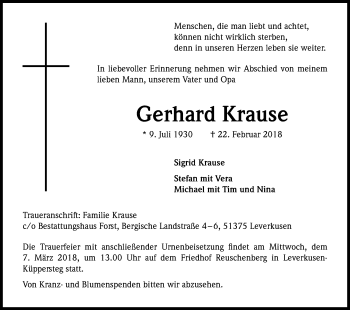 Anzeige von Gerhard Krause von Kölner Stadt-Anzeiger / Kölnische Rundschau / Express