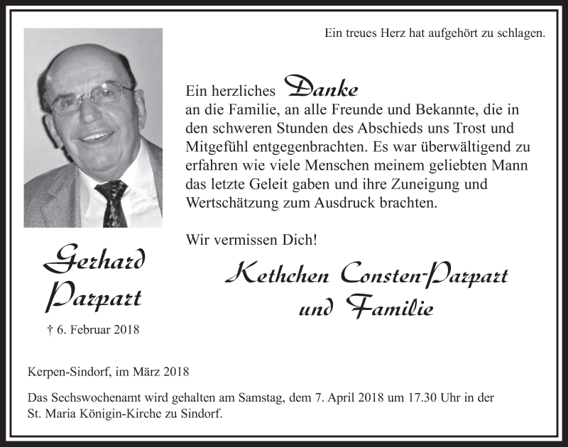  Traueranzeige für Gerhard Parpart vom 24.03.2018 aus  Sonntags-Post 