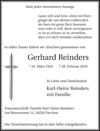 Anzeige von Gerhard Reinders von  Sonntags-Post 