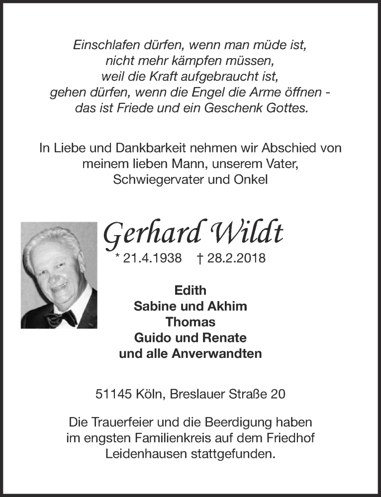  Traueranzeige für Gerhard Wildt vom 14.03.2018 aus  Kölner Wochenspiegel 