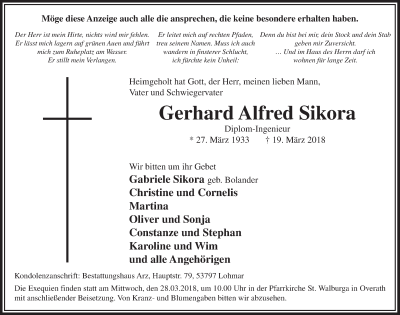 Traueranzeige für Gerhard Alfred Sikora vom 24.03.2018 aus  Bergisches Sonntagsblatt 