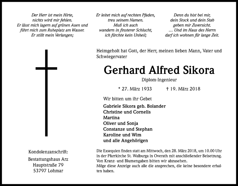  Traueranzeige für Gerhard Alfred Sikora vom 24.03.2018 aus Kölner Stadt-Anzeiger / Kölnische Rundschau / Express