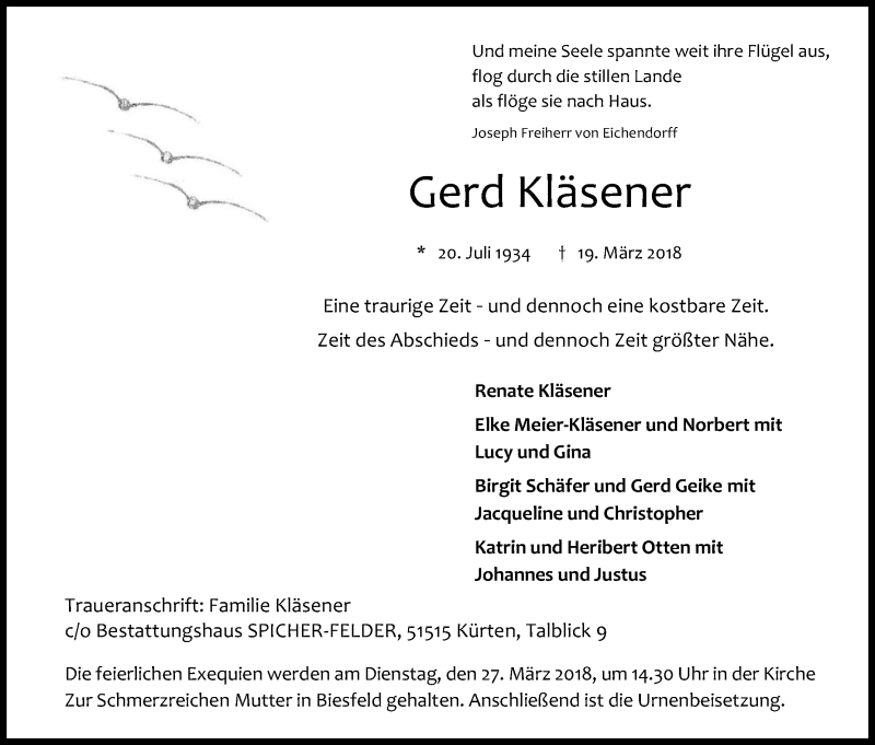  Traueranzeige für Gert Kläsener vom 22.03.2018 aus Kölner Stadt-Anzeiger / Kölnische Rundschau / Express