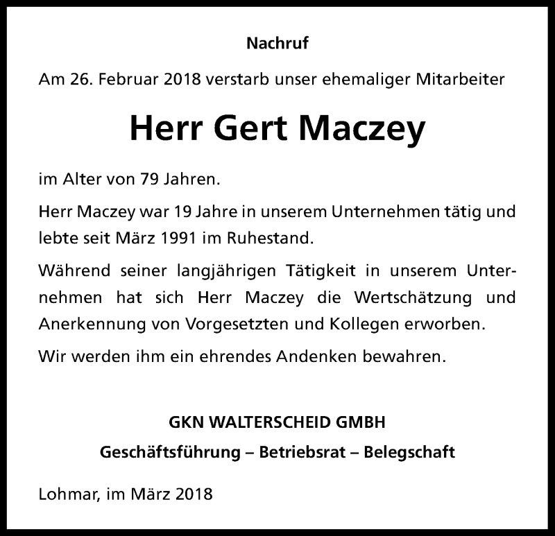  Traueranzeige für Gert Maczey vom 12.03.2018 aus Kölner Stadt-Anzeiger / Kölnische Rundschau / Express