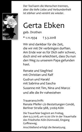 Anzeige von Gerta Ebken von Kölner Stadt-Anzeiger / Kölnische Rundschau / Express