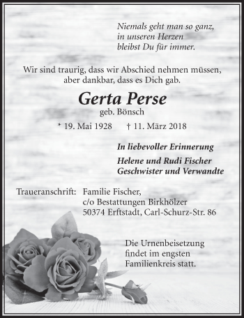 Anzeige von Gerta Perse von  Sonntags-Post 