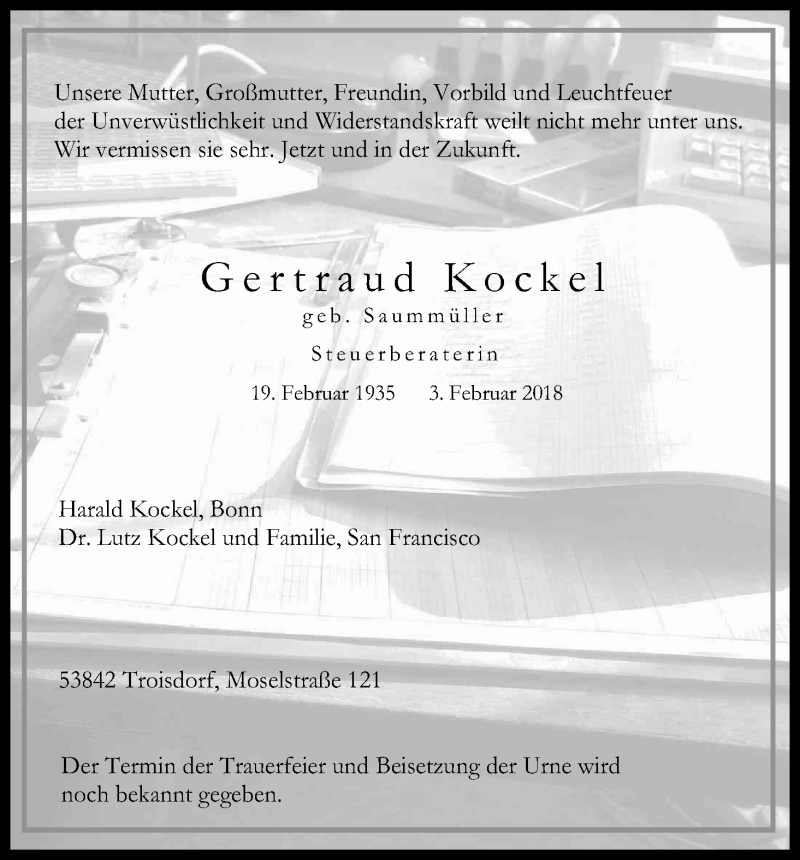  Traueranzeige für Gertraud Kockel vom 03.03.2018 aus Kölner Stadt-Anzeiger / Kölnische Rundschau / Express