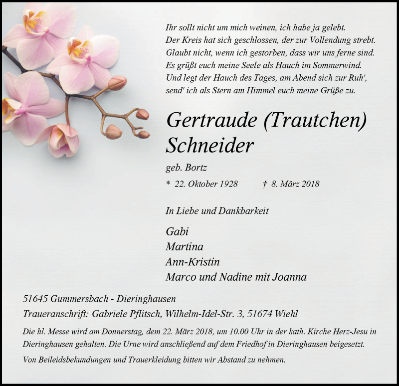  Traueranzeige für Gertraude Schneider vom 14.03.2018 aus  Anzeigen Echo 