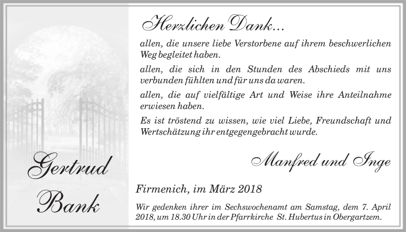  Traueranzeige für Gertrud Bank vom 31.03.2018 aus  Blickpunkt Euskirchen 