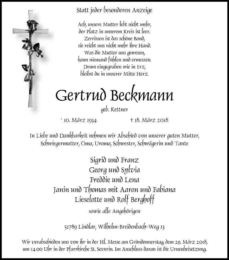  Traueranzeige für Gertrud Beckmann vom 24.03.2018 aus Kölner Stadt-Anzeiger / Kölnische Rundschau / Express