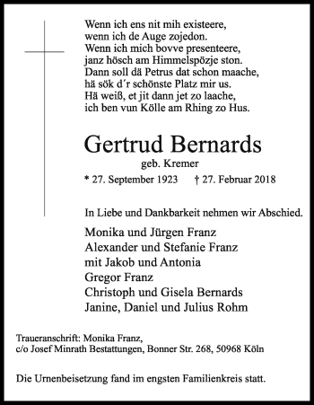 Anzeige von Gertrud Bernards von Kölner Stadt-Anzeiger / Kölnische Rundschau / Express