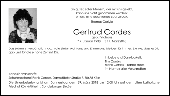 Anzeige von Gertrud Cordes von Kölner Stadt-Anzeiger / Kölnische Rundschau / Express