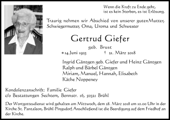 Anzeige von Gertrud Giefer von Kölner Stadt-Anzeiger / Kölnische Rundschau / Express