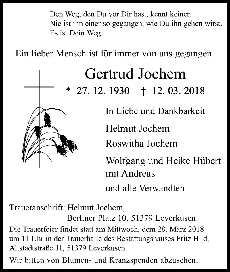  Traueranzeige für Gertrud Jochem vom 21.03.2018 aus Kölner Stadt-Anzeiger / Kölnische Rundschau / Express