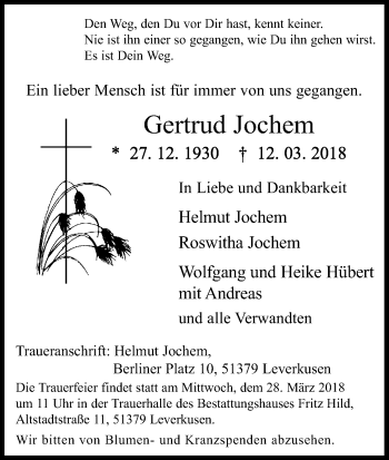 Anzeige von Gertrud Jochem von Kölner Stadt-Anzeiger / Kölnische Rundschau / Express