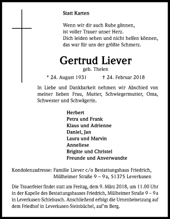 Anzeige von Gertrud Liever von Kölner Stadt-Anzeiger / Kölnische Rundschau / Express
