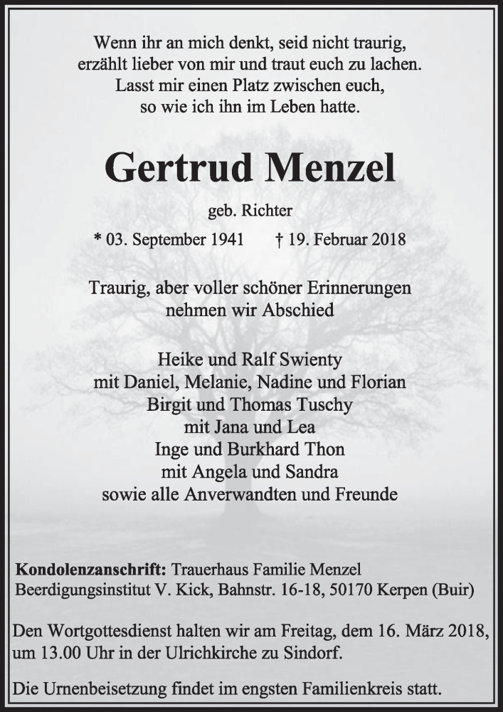  Traueranzeige für Gertrud Menzel vom 10.03.2018 aus  Sonntags-Post 