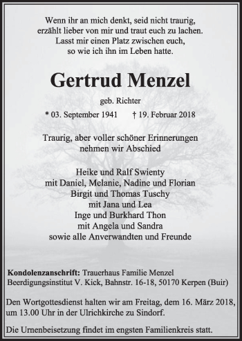 Anzeige von Gertrud Menzel von  Sonntags-Post 