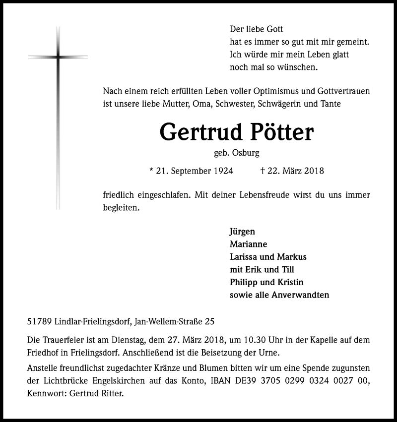  Traueranzeige für Gertrud Pötter vom 24.03.2018 aus Kölner Stadt-Anzeiger / Kölnische Rundschau / Express