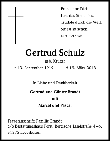 Anzeige von Gertrud Schulz von Kölner Stadt-Anzeiger / Kölnische Rundschau / Express